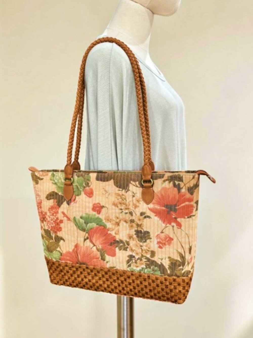 Coldwater Creek NWT Floral Large Tote Work Bag Braided Handles Cottagecore Artsy